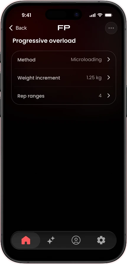 Progressive overload settings with Microloading and a 1.25 kg increment